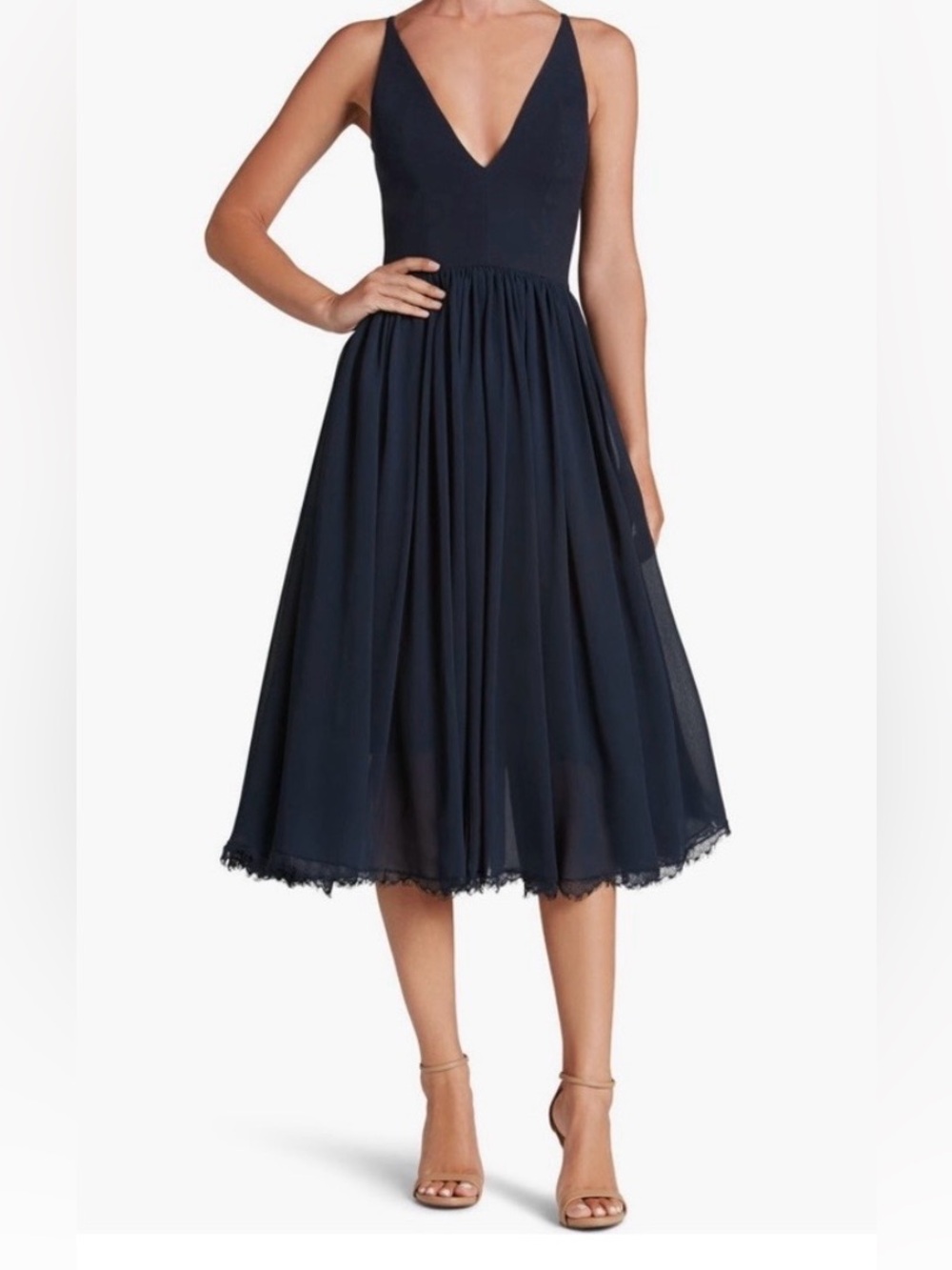 Dress the Population Alicia Midnight Blue Midi Dress with Lace Trim